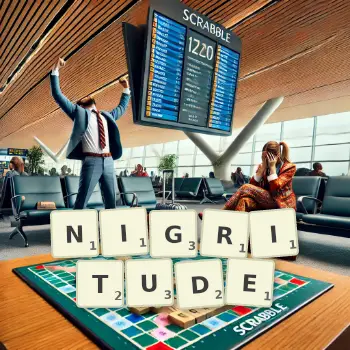 Creative illustration for a Scrabble game with the word NIGRITUDE spelled out in tiles on the board.