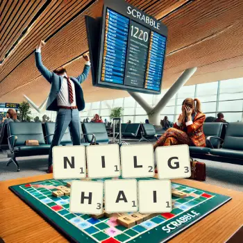 Creative illustration for a Scrabble game with the word NILGHAI spelled out in tiles on the board.