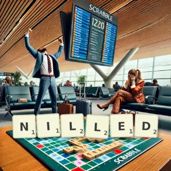 Creative illustration for a Scrabble game with the word NILLED spelled out in tiles on the board.
