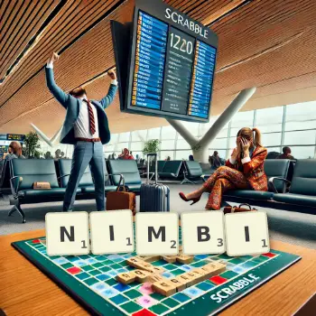 Creative illustration for a Scrabble game with the word NIMBI spelled out in tiles on the board.