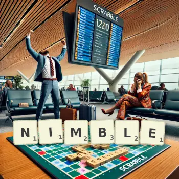 Creative illustration for a Scrabble game with the word NIMBLE spelled out in tiles on the board.