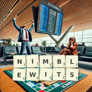 Creative illustration for a Scrabble game with the word NIMBLEWITS spelled out in tiles on the board.