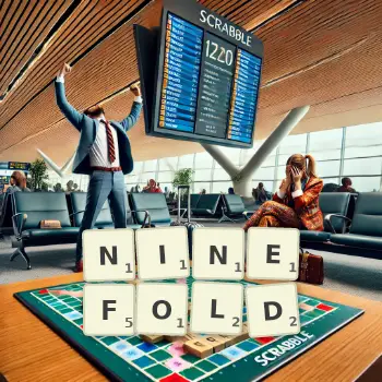 Creative illustration for a Scrabble game with the word NINEFOLD spelled out in tiles on the board.