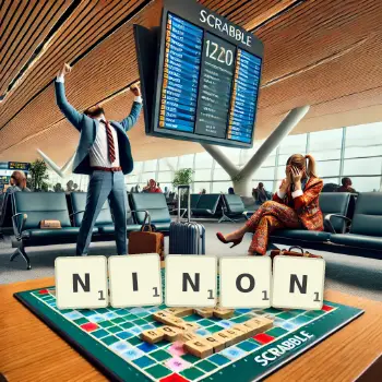 Creative illustration for a Scrabble game with the word NINON spelled out in tiles on the board.