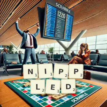 Creative illustration for a Scrabble game with the word NIPPLED spelled out in tiles on the board.