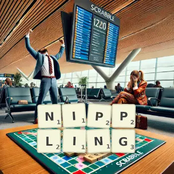 Creative illustration for a Scrabble game with the word NIPPLING spelled out in tiles on the board.