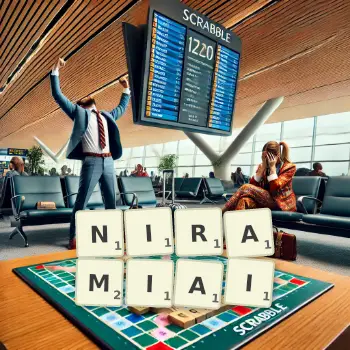 Creative illustration for a Scrabble game with the word NIRAMIAI spelled out in tiles on the board.