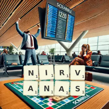 Creative illustration for a Scrabble game with the word NIRVANAS spelled out in tiles on the board.