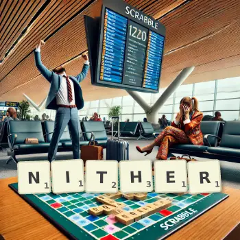 Creative illustration for a Scrabble game with the word NITHER spelled out in tiles on the board.