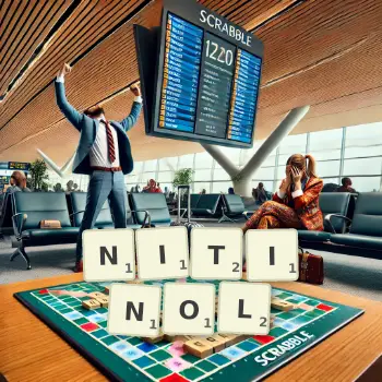 Creative illustration for a Scrabble game with the word NITINOL spelled out in tiles on the board.