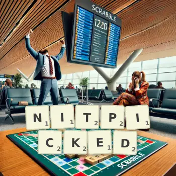 Creative illustration for a Scrabble game with the word NITPICKED spelled out in tiles on the board.