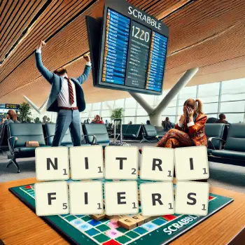 Creative illustration for a Scrabble game with the word NITRIFIERS spelled out in tiles on the board.