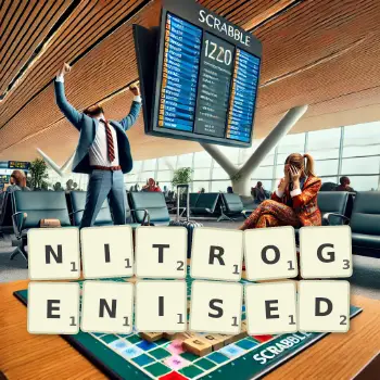 Creative illustration for a Scrabble game with the word NITROGENISED spelled out in tiles on the board.