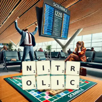 Creative illustration for a Scrabble game with the word NITROLIC spelled out in tiles on the board.