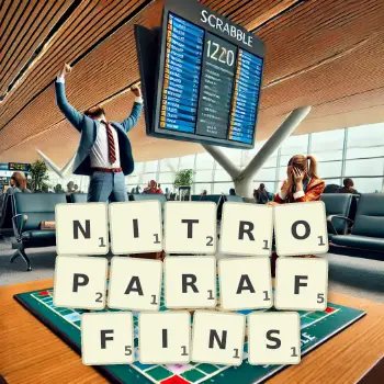 Creative illustration for a Scrabble game with the word NITROPARAFFINS spelled out in tiles on the board.