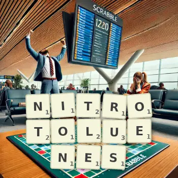 Creative illustration for a Scrabble game with the word NITROTOLUENES spelled out in tiles on the board.