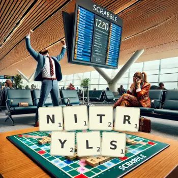 Creative illustration for a Scrabble game with the word NITRYLS spelled out in tiles on the board.