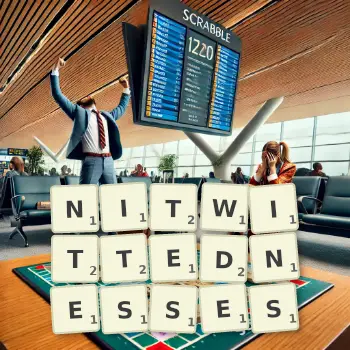 Creative illustration for a Scrabble game with the word NITWITTEDNESSES spelled out in tiles on the board.