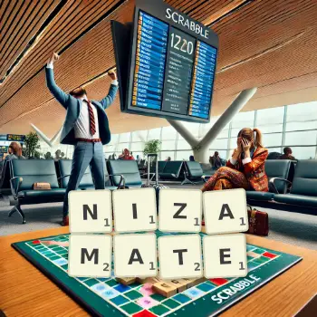 Creative illustration for a Scrabble game with the word NIZAMATE spelled out in tiles on the board.