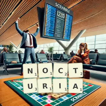 Creative illustration for a Scrabble game with the word NOCTURIA spelled out in tiles on the board.
