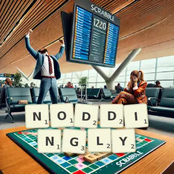 Creative illustration for a Scrabble game with the word NODDINGLY spelled out in tiles on the board.