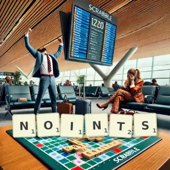 Creative illustration for a Scrabble game with the word NOINTS spelled out in tiles on the board.