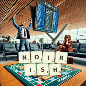 Creative illustration for a Scrabble game with the word NOIRISH spelled out in tiles on the board.