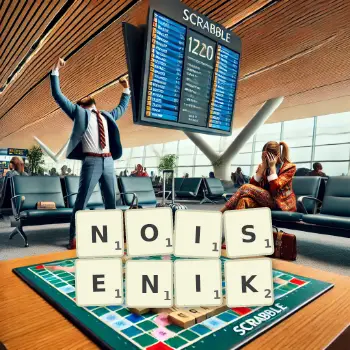 Creative illustration for a Scrabble game with the word NOISENIK spelled out in tiles on the board.