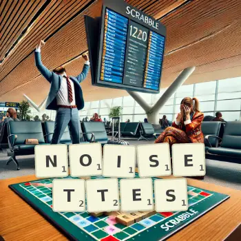 Creative illustration for a Scrabble game with the word NOISETTES spelled out in tiles on the board.