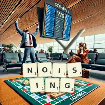 Creative illustration for a Scrabble game with the word NOISING spelled out in tiles on the board.