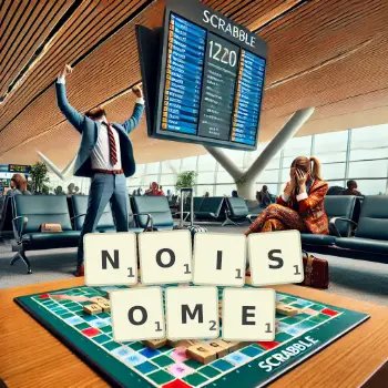 Creative illustration for a Scrabble game with the word NOISOME spelled out in tiles on the board.