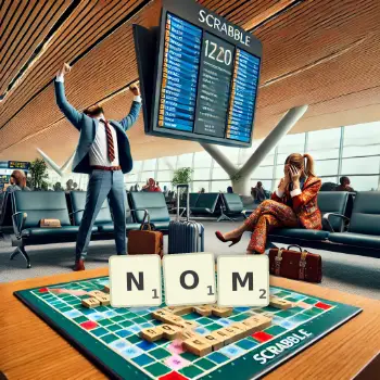 Creative illustration for a Scrabble game with the word NOM spelled out in tiles on the board.