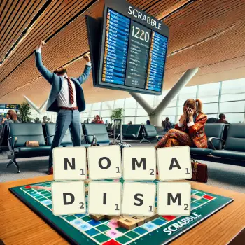 Creative illustration for a Scrabble game with the word NOMADISM spelled out in tiles on the board.