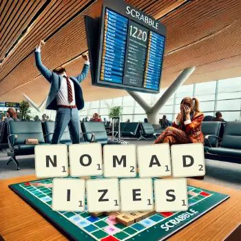 Creative illustration for a Scrabble game with the word NOMADIZES spelled out in tiles on the board.