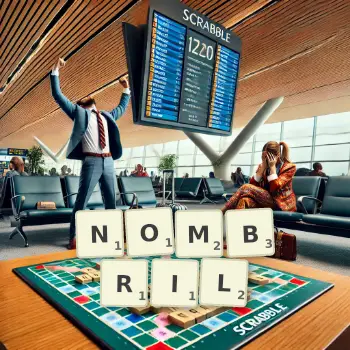 Creative illustration for a Scrabble game with the word NOMBRIL spelled out in tiles on the board.