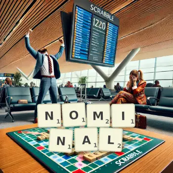 Creative illustration for a Scrabble game with the word NOMINAL spelled out in tiles on the board.