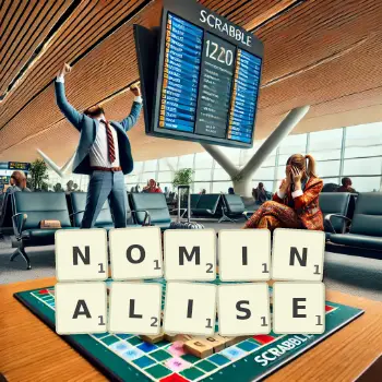 Creative illustration for a Scrabble game with the word NOMINALISE spelled out in tiles on the board.