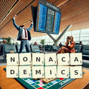 Creative illustration for a Scrabble game with the word NONACADEMICS spelled out in tiles on the board.