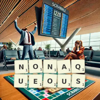 Creative illustration for a Scrabble game with the word NONAQUEOUS spelled out in tiles on the board.
