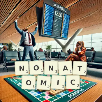 Creative illustration for a Scrabble game with the word NONATOMIC spelled out in tiles on the board.
