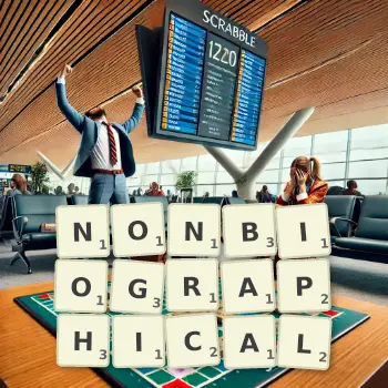 Creative illustration for a Scrabble game with the word NONBIOGRAPHICAL spelled out in tiles on the board.