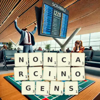 Creative illustration for a Scrabble game with the word NONCARCINOGENS spelled out in tiles on the board.