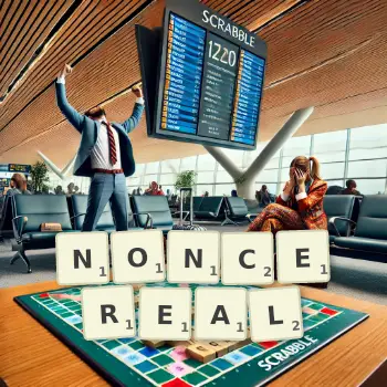 Creative illustration for a Scrabble game with the word NONCEREAL spelled out in tiles on the board.