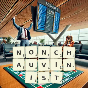 Creative illustration for a Scrabble game with the word NONCHAUVINIST spelled out in tiles on the board.