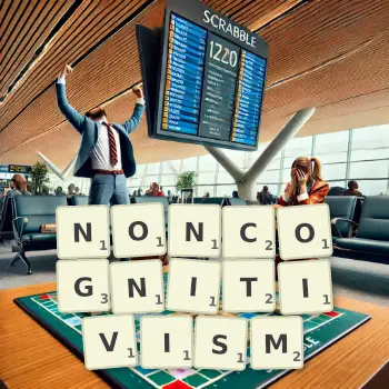 Creative illustration for a Scrabble game with the word NONCOGNITIVISM spelled out in tiles on the board.