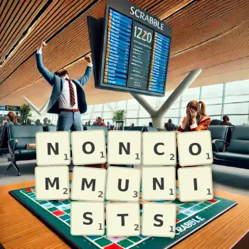 Creative illustration for a Scrabble game with the word NONCOMMUNISTS spelled out in tiles on the board.