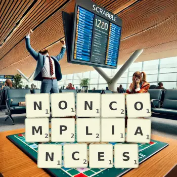 Creative illustration for a Scrabble game with the word NONCOMPLIANCES spelled out in tiles on the board.