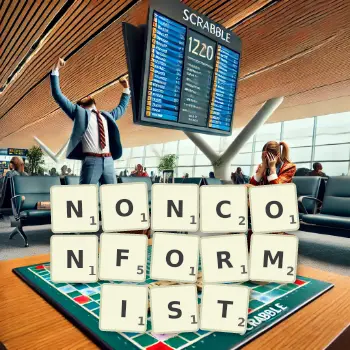 Creative illustration for a Scrabble game with the word NONCONFORMIST spelled out in tiles on the board.