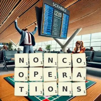 Creative illustration for a Scrabble game with the word NONCOOPERATIONS spelled out in tiles on the board.