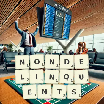 Creative illustration for a Scrabble game with the word NONDELINQUENTS spelled out in tiles on the board.